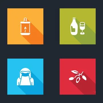 Set Ramadan Kareem lantern, Wine bottle with glass, Muslim woman niqab and Date Stock Illustration