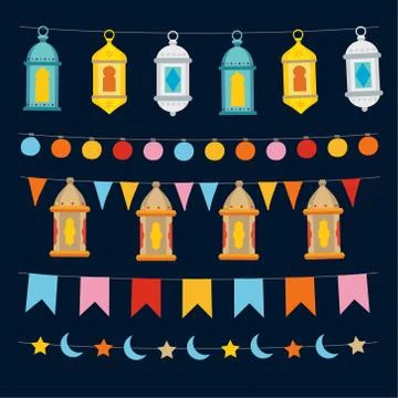 Set of Ramadan Kareem strings and garlands with lights, colocrful Moroccan 스톡 일러스트