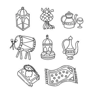 Set of ramadan objects outline collection with line art style, contain isla.. Stock Illustration