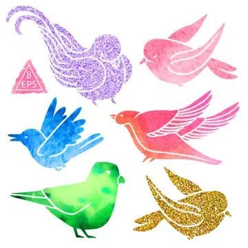 Set of random birds with glitter and watercolor Stock Illustration