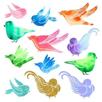 Set of random birds with glitter and watercolor Stock Illustration