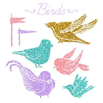 Set of random birds with glitter Stock Illustration