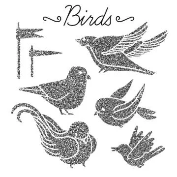 Set of random birds with silver glitter Stock Illustration