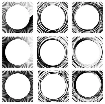 Set of random circle elements. Concentric circles, concentric rings. 9 differ Stock Illustration