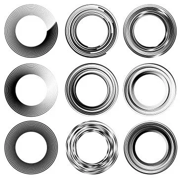 Set of random circle elements. Concentric circles, concentric rings. 9 differ Illustrazione stock