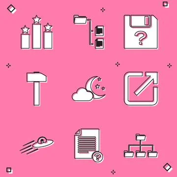 Set Ranking star, Folder tree, Unknown document, Hammer, Cloud with moon and Stock Illustration