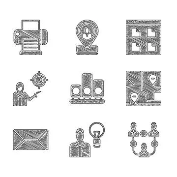 Set Ranking star, Human with lamp bulb, Project team base, Folded map locatio Illustrazione stock