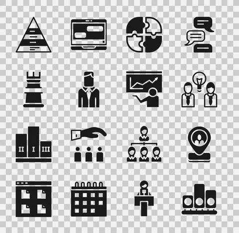 Set Ranking star, Worker location, People with lamp bulb, Piece of puzzle, Bu Illustrazione stock