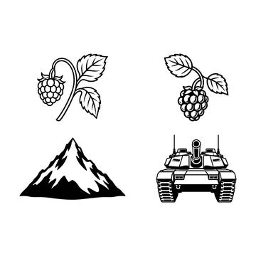 Set of raspberry fruit mountain and military tank icons Stock Illustration