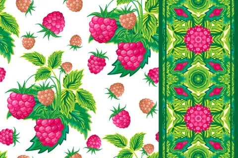 Set of raspberry seamless pattern and border (ribbon). Bright summer vector Illustrazione stock