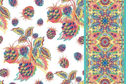 Set of raspberry seamless pattern and border (band). Pastel summer vector Illustrazione stock