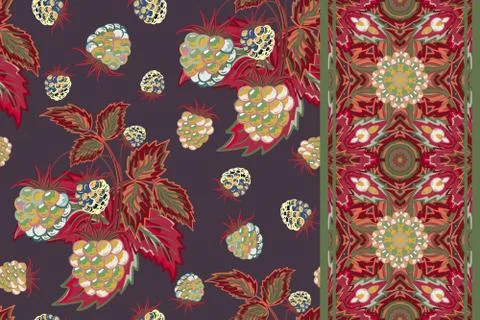 Set of raspberry seamless pattern and border (strip). Dark summer vector Stock Illustration