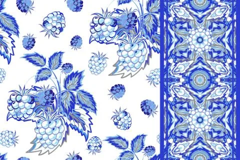Set of raspberry seamless pattern and border (tape). Blue summer vector Illustrazione stock