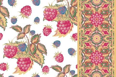 Set of raspberry seamless pattern and border (band). Pastel summer vector Illustrazione stock