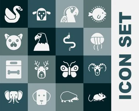 Set Rat, Head of goat or ram, Jellyfish, Macaw parrot, Eagle head, Cat, Swan Stock Illustration