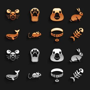 Set Rat, Rabbit, Fish skeleton, Collar with name tag, Whale, Goose bird, head Stock Illustration