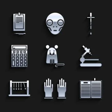 Set Rat, Rubber gloves, Open science book, Microscope, Pendulum, Calculator,  Stock Illustration