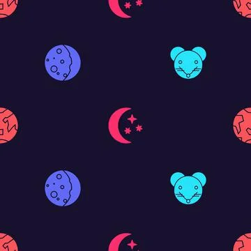 Set Rat zodiac, Eclipse of the sun, Moon and stars and Planet Earth on seamless Ilustração Stock