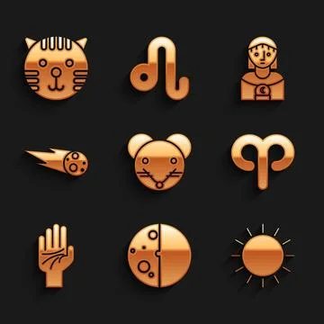Set Rat zodiac, Eclipse of the sun, Sun, Aries, Palmistry hand, Comet falli.. Stockillustratie