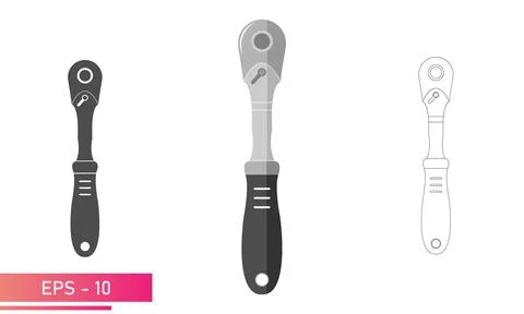 Set, Ratchet wrench with handle. Linear, solid and realistic design. On a white Stock Illustration