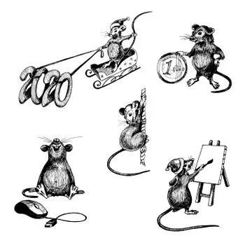 Set of Rats Characters with Long Tail Riding Sledge and Climbing up the Rope Stock Illustration