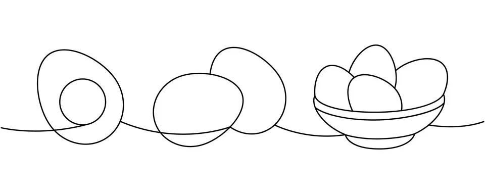 Set of raw eggs one line continuous drawing. Boiled eggs, broken eggshell Stock Illustration