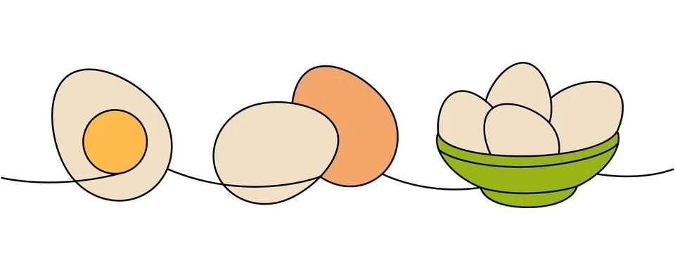 Set of raw eggs one line colored continuous drawing. Boiled eggs, broken Stock Illustration