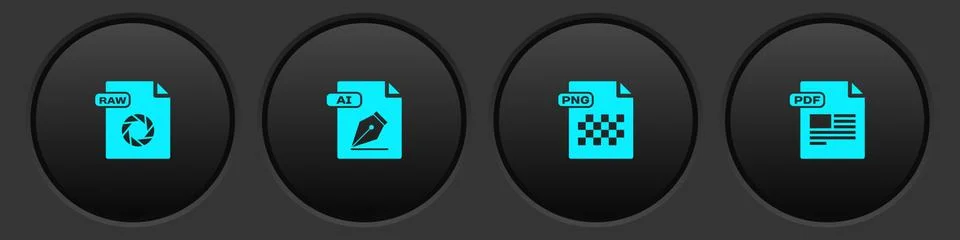 Set RAW file document, AI, PNG and PDF icon. Vector Stock Illustration