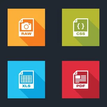 Set RAW file document, CSS, XLS and PDF icon. Vector Stock Illustration