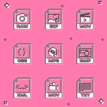 Set RAW file document, GIF, MOV, CSS, MP3 and BMP icon. Vector Stock Illustration
