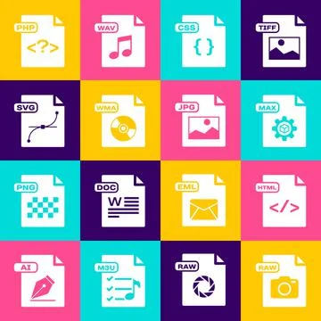 Set RAW file document, HTML, MAX, CSS, WMA, SVG, PHP and JPG icon. Vector イラスト素材
