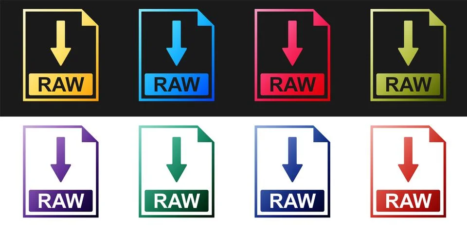 Set RAW file document icon. Download RAW button icon isolated on black and white Stock Illustration