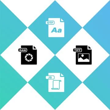 Set RAW file document, JS, OTF and TIFF icon. Vector 库存插图