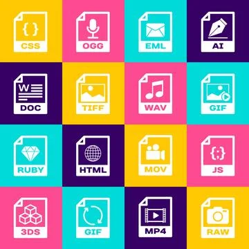 Set RAW file document, JS, GIF, EML, TIFF and DOC icon. Vector Stock Illustration
