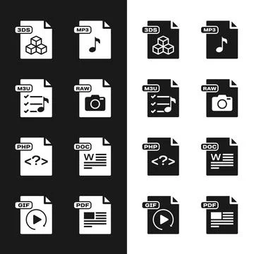 Set RAW file document, M3U, 3DS, MP3, PHP, DOC, PDF and GIF icon. Vector Illustration