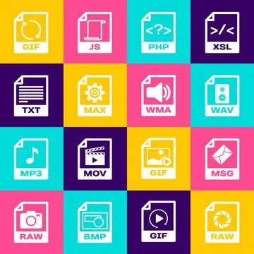 Set RAW file document, MSG, WAV, PHP, MAX and TXT icon. Vector Stock Illustration