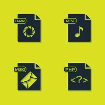 Set RAW file document, PHP, MSG and MP3 icon. Vector Illustration