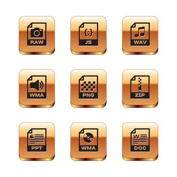 Set RAW file document, PPT, WMA, PNG, and WAV icon. Vector 库存插图