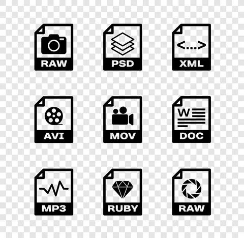 Set RAW file document, PSD, XML, MP3, RUBY and icon. Vector Stock Illustration