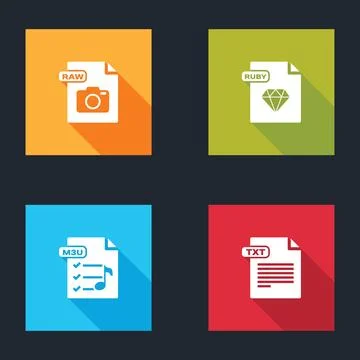 Set RAW file document, RUBY, M3U and TXT icon. Vector Stock Illustration