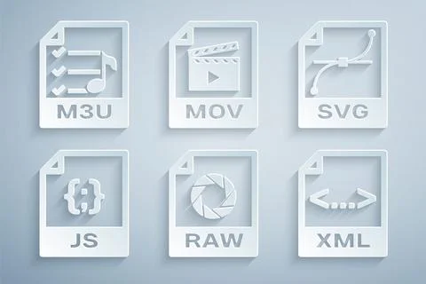 Set RAW file document, SVG, JS, XML, MOV and M3U icon. Vector 스톡 일러스트