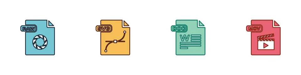 Set RAW file document, SVG, DOC and MOV icon. Vector 库存插图