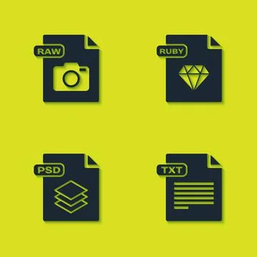 Set RAW file document, TXT, PSD and RUBY icon. Vector Illustrazione stock