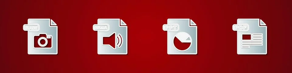 Set RAW file document, WMA, PPT and PDF icon. Vector Illustrazione stock
