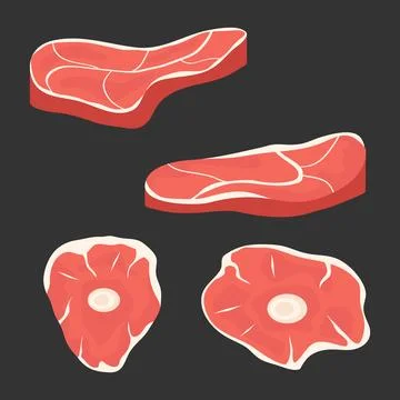 Set of raw meat beef or pork steaks isolated on dark background vector. Stock Illustration