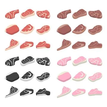 Set of raw meat cuts and steaks in flat style isolated on white for butcher.. Stock Illustration