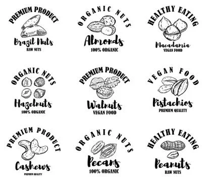 Set of raw nuts labels. Design element for logo, label, sign. Stock Illustration