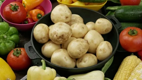 Set of raw vegetables for cooking potato vegetable stew. Healthy eating concept Stock Footage 157682519