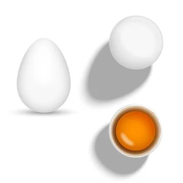 Set of raw white chicken eggs realistic 3d vector illustration with one bro.. Иллюстрация