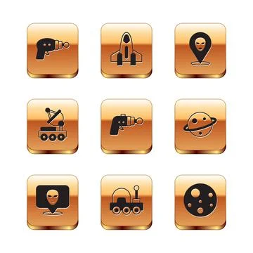 Set Ray gun, Alien, Mars rover, Planet and Rocket ship icon. Vector Stock Illustration